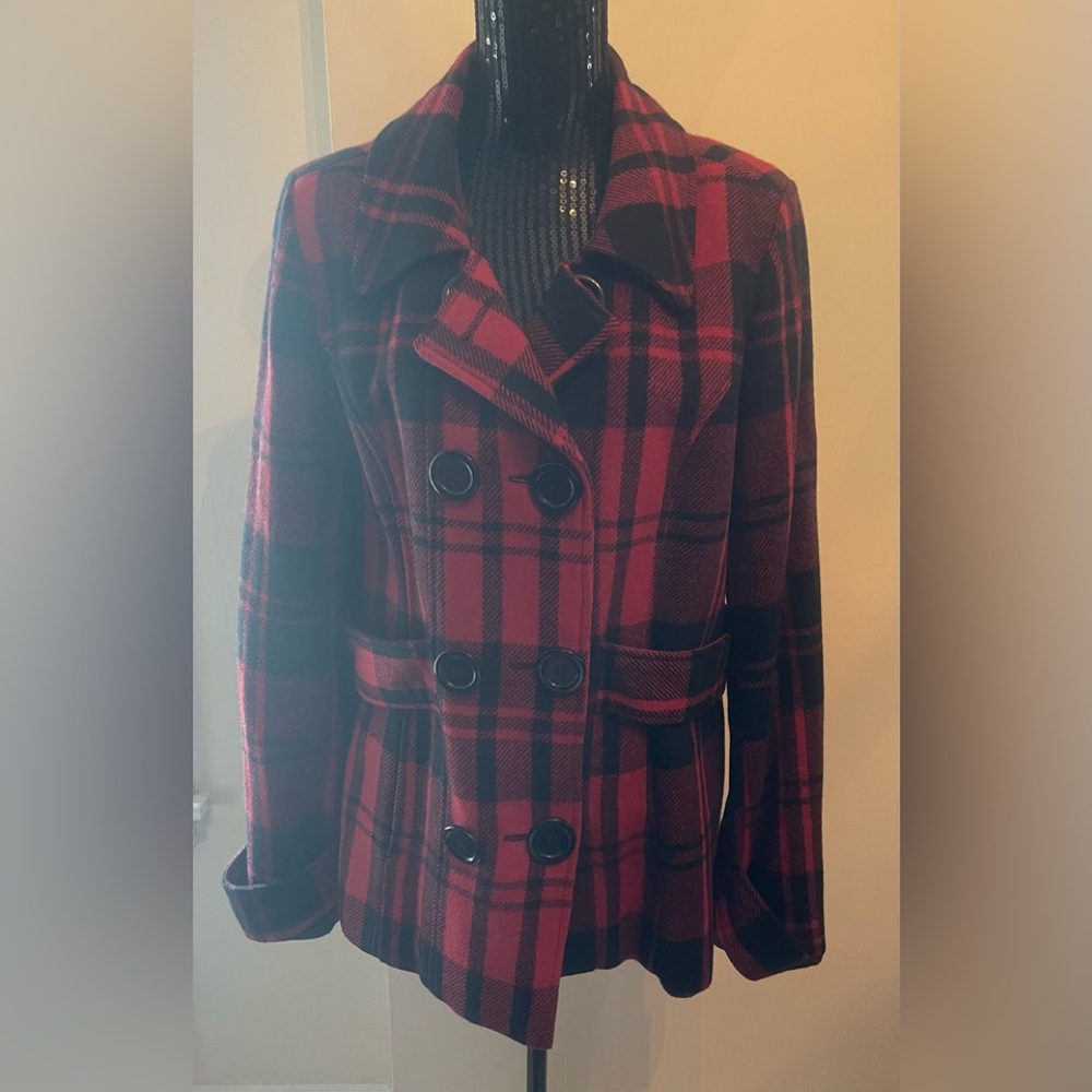 Kismet Red & Black Checkered Wool Blend Pea Coat Size Large